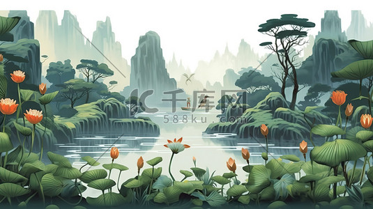 荷花绿叶插画图片_中国传统绘画夏季荷花绿叶植物14