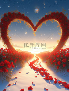 红色玫瑰心插画图片_沙滩上红色玻璃水晶玫瑰花心形4