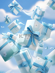 礼物盒礼盒插画图片_蓝色和白色礼盒在空中飞舞4