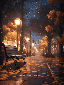 秋天的夜晚插画图片_秋天下雨天的夜晚长椅4
