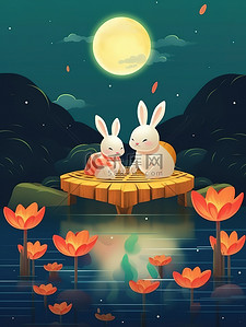 中秋红灯笼插画图片_中秋之夜可爱兔子在船上赏月12