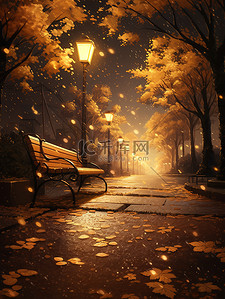 秋天的夜晚插画图片_秋天下雨天的夜晚长椅1