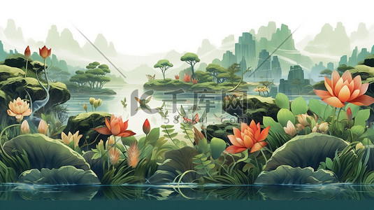传统水彩画插画图片_中国传统绘画夏季荷花绿叶植物6