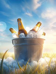 冰镇饮料插画图片_草地上冰桶里装满冰块啤酒19