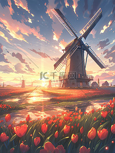 荷兰风车插画图片_郁金香花园花海大风车15