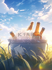 草地上冰桶里装满冰块啤酒1