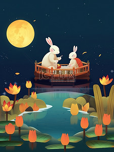 中秋之夜可爱兔子在船上赏月16