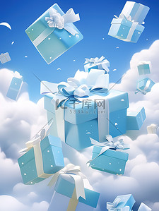 空中礼盒插画图片_蓝色和白色礼盒在空中飞舞3