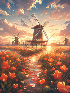 荷兰风车插画图片_郁金香花园花海大风车18