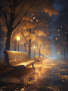 秋天的夜晚插画图片_秋天下雨天的夜晚长椅15