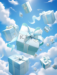 礼物盒礼盒插画图片_蓝色和白色礼盒在空中飞舞15