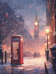 电话亭红色插画图片_冬季被大雪覆盖电话亭5