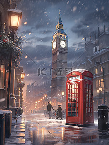 电话亭红色插画图片_冬季被大雪覆盖电话亭18