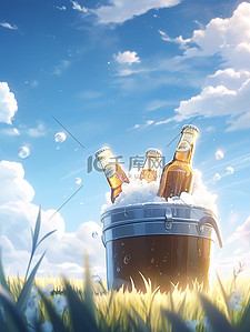 冰镇饮料插画图片_草地上冰桶里装满冰块啤酒6