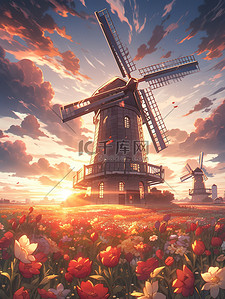 荷兰风车插画图片_郁金香花园花海大风车12
