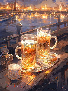 啤酒节宵夜插画图片_夏日啤酒之夜桌上生啤酒5