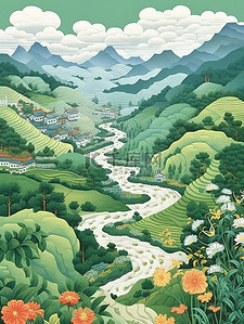 蓝绿色明亮山云水岭南风光插画12