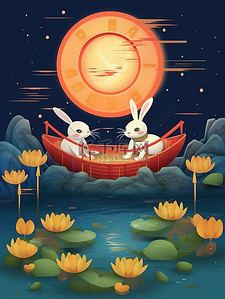 中秋红灯笼插画图片_中秋之夜可爱兔子在船上赏月8