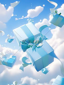 空中礼盒插画图片_蓝色和白色礼盒在空中飞舞13