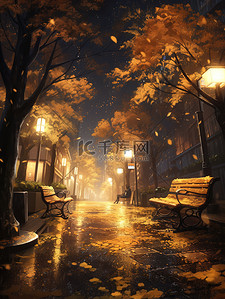 秋天的夜晚插画图片_秋天下雨天的夜晚长椅5