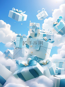 空中礼盒插画图片_蓝色和白色礼盒在空中飞舞16