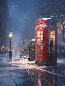 电话亭红色插画图片_冬季被大雪覆盖电话亭16