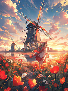 荷兰风车插画图片_郁金香花园花海大风车3