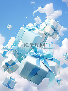 礼物盒礼盒插画图片_蓝色和白色礼盒在空中飞舞14