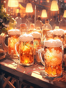 啤酒节宵夜插画图片_夏日啤酒之夜桌上生啤酒10