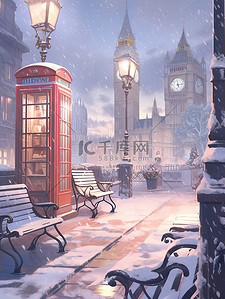 电话亭红色插画图片_冬季被大雪覆盖电话亭7