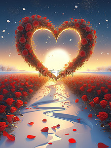 红色玫瑰心插画图片_沙滩上红色玻璃水晶玫瑰花心形15