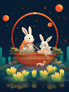 中秋红灯笼插画图片_中秋之夜可爱兔子在船上赏月9