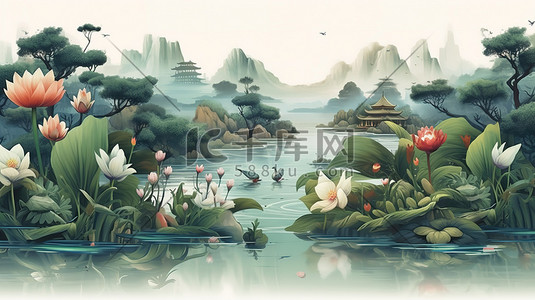 荷花绿叶插画图片_中国传统绘画夏季荷花绿叶植物10