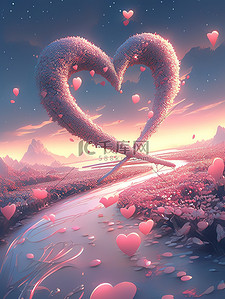 粉色爱心玫瑰插画图片_海滩上粉色的爱心1