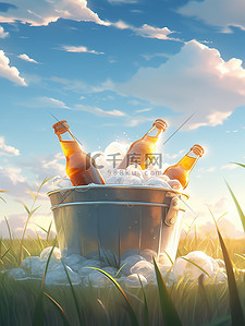 冰镇饮料插画图片_草地上冰桶里装满冰块啤酒4