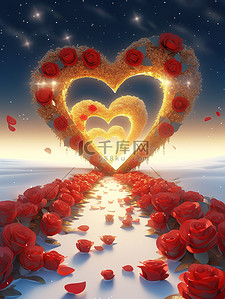 红色玫瑰心插画图片_沙滩上红色玻璃水晶玫瑰花心形8