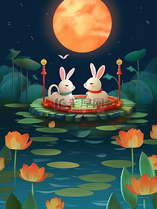 中秋红灯笼插画图片_中秋之夜可爱兔子在船上赏月17