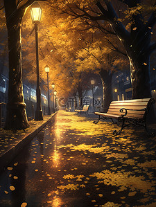 秋天的夜晚插画图片_秋天下雨天的夜晚长椅10