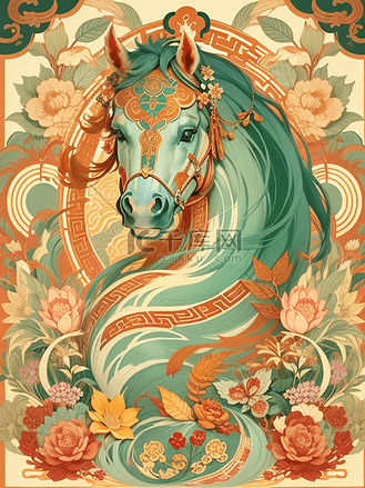 十二生肖头像国潮版图片素材_国潮十二生肖马竖版插画