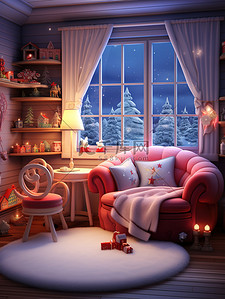 床红色插画图片_圣诞节布置温馨的房间微观摄影11