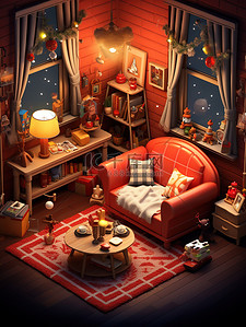 床红色插画图片_圣诞节布置温馨的房间微观摄影3