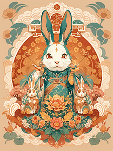 手绘兔子插画图片_国潮十二生肖兔子竖版插画