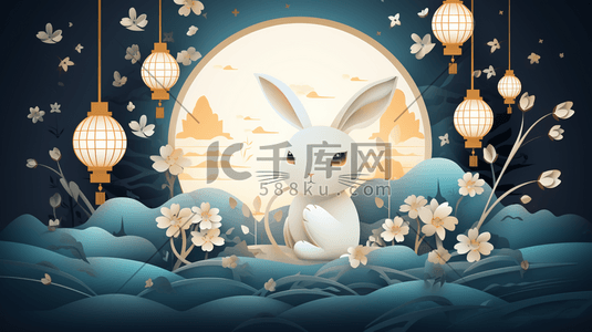 唯美月下可爱兔子中秋节节日插画1