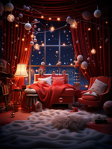 床红色插画图片_圣诞节布置温馨的房间微观摄影12