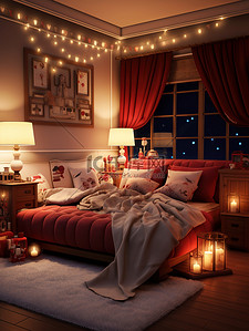 床红色插画图片_圣诞节布置温馨的房间微观摄影9