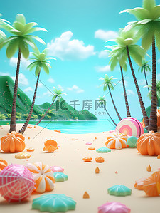 3D海滩插画图片_海滩椰子树夏日派对9