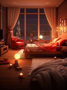 床红色插画图片_圣诞节布置温馨的房间微观摄影10