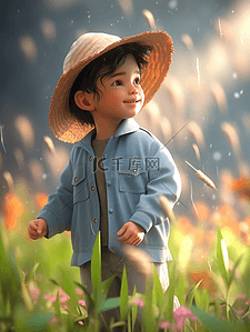 小男孩淋雨插画图片_雨中戴帽子的卡通小男孩插画
