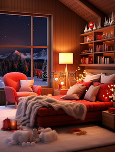 床红色插画图片_圣诞节布置温馨的房间微观摄影6