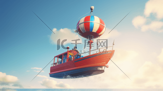 红蓝中国风海报插画图片_白天半空中的红蓝相间的船